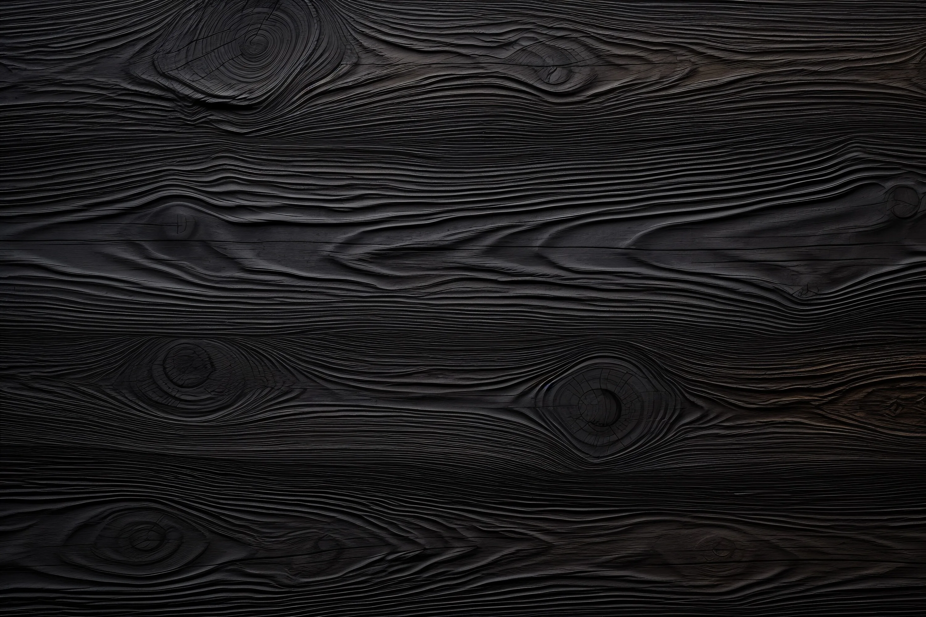 Deeply embossed grain snakes across charred horizontal boards, one round knot below centre-right, raking light from above throwing every ridge into relief.