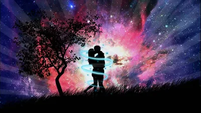 Kissing Silhouettes Against a Nebula HD Wallpaper