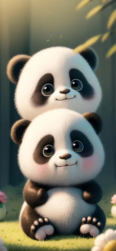 Adorable Panda Bears Sitting Together