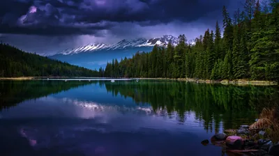 Lake With Mountain And Trees Reflection Under Dark Clouds 4K HD Nature Wallpapers