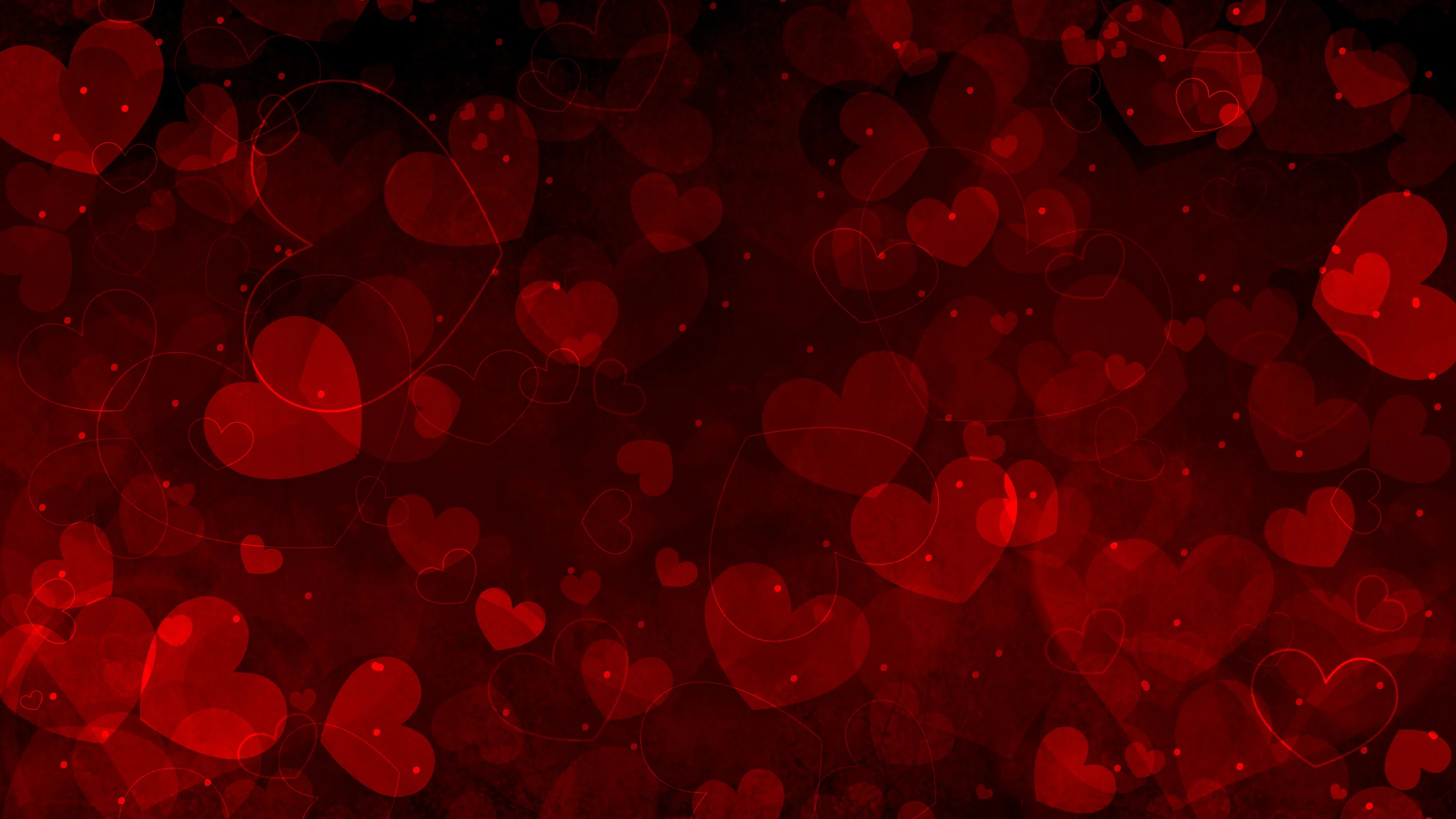 Translucent hearts of different sizes overlap in soft bokeh across a crimson-to-black field, the top edge darkening enough to keep a status bar readable.