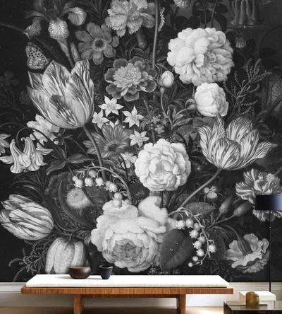 Black and White Vintage Floral Wallpaper Dark Mural, Removable Peel and Stick Prepasted