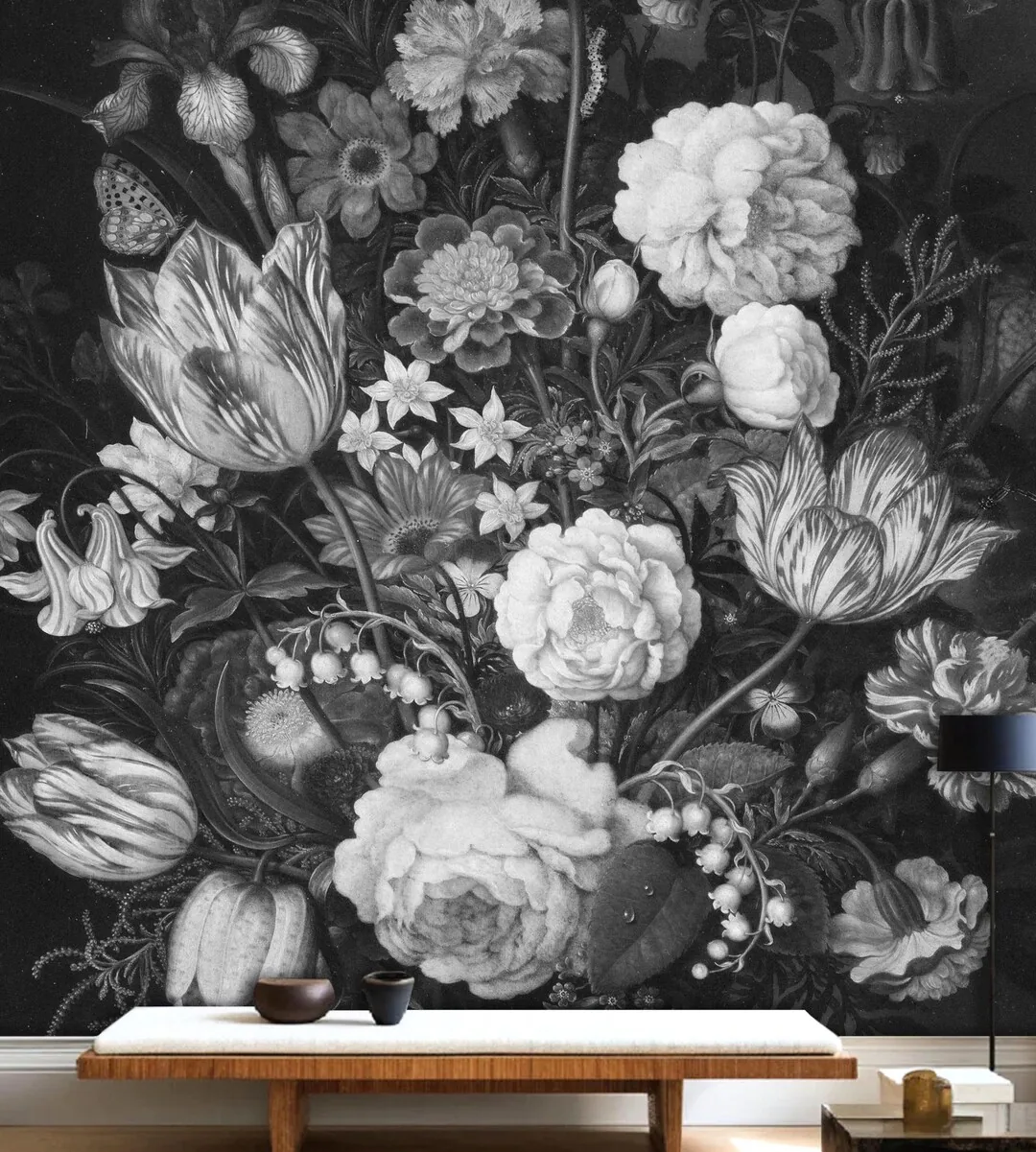 Black and White Vintage Floral Wallpaper Dark Mural, Removable Peel and Stick Prepasted