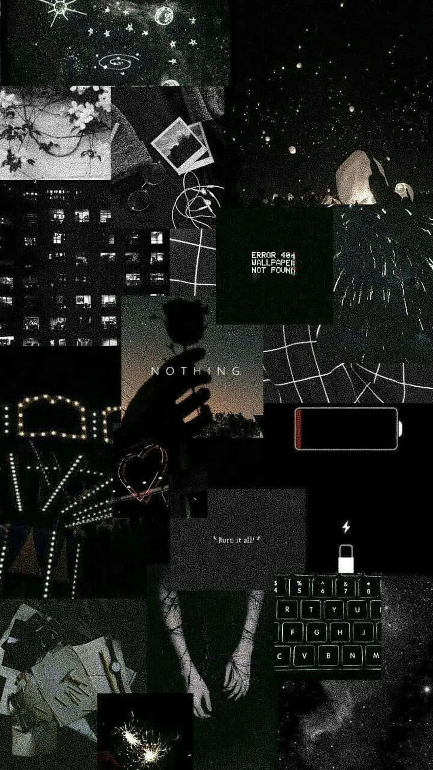Night photos, string lights, a phone keyboard and a low battery icon packed together, deep green the only colour against the black.