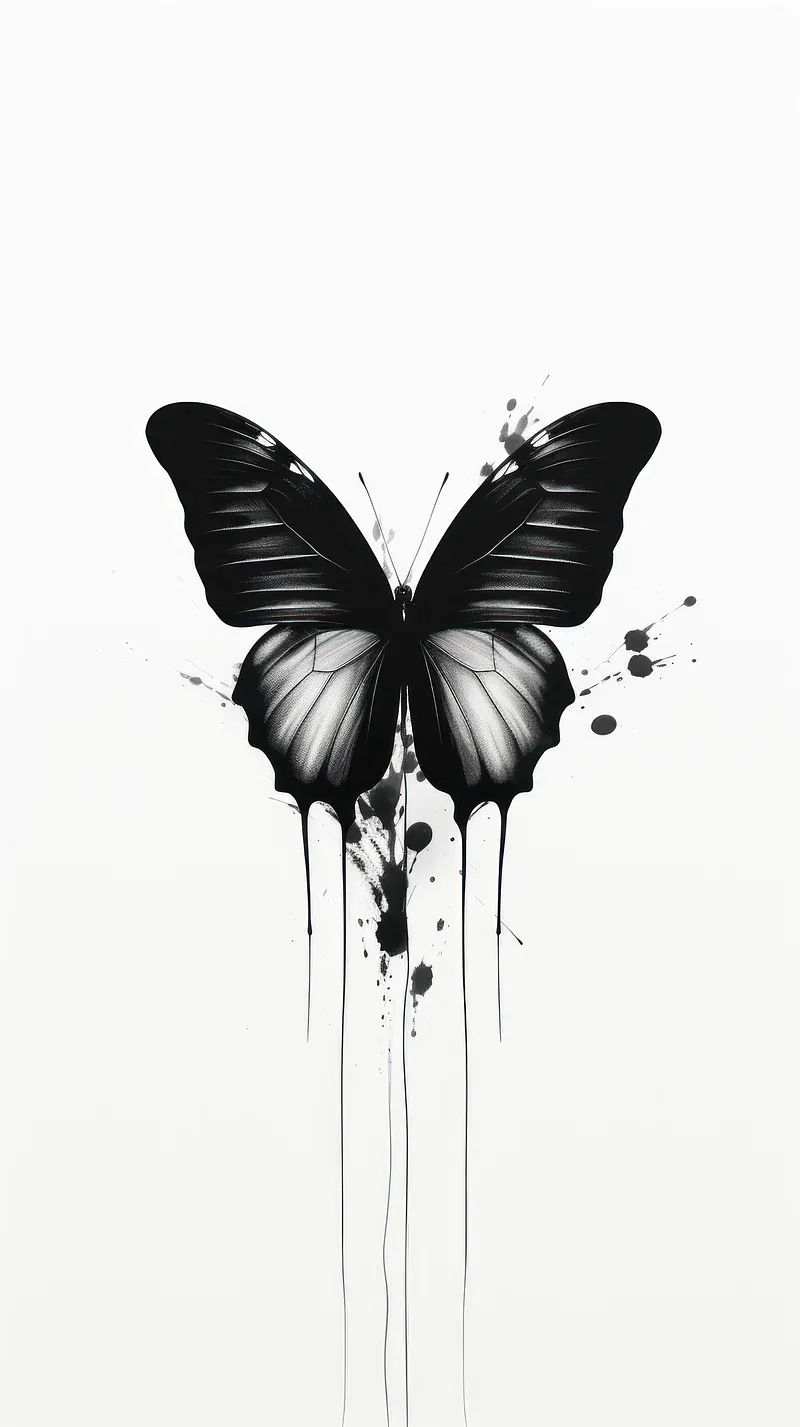 One black butterfly rendered in wet ink, splatter flecks around the wings and long drips running toward the bottom of an off-white page.