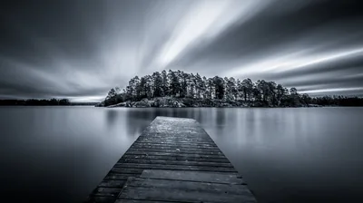 Wooden Pier Leading to a Lake Island HD Wallpaper