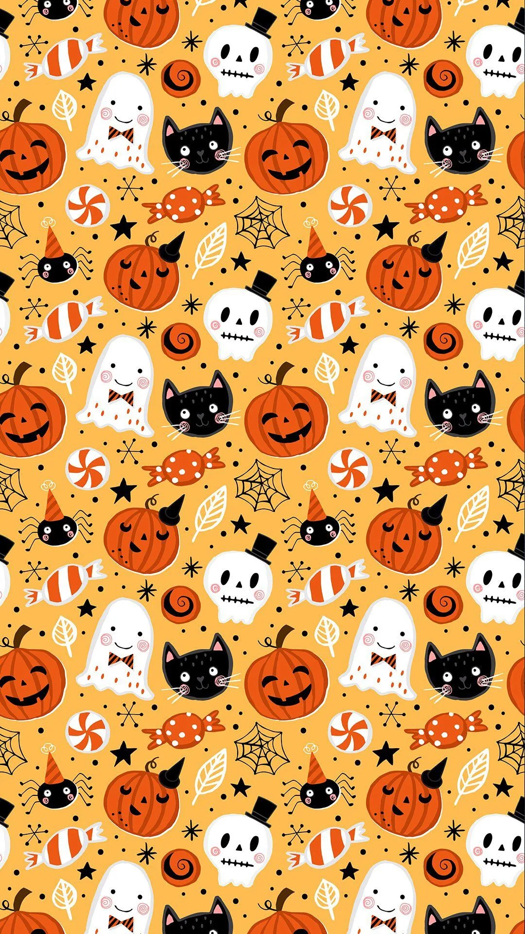 Ghosts in top hats crowd between black cat faces, skulls, peppermint candies and jack-o-lanterns on bright orange, packed edge to edge with no resting space.