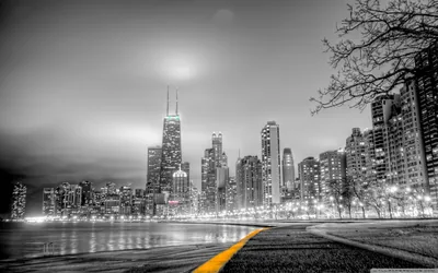 City Skyline Behind a Lakefront Road HD Wallpaper