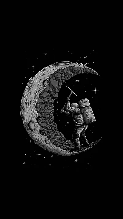 Spaceman Digging the Crescent Moon HD Phone Wallpaper