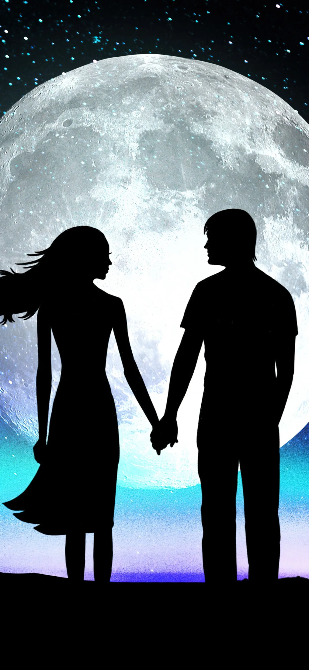 An oversized full moon fills the upper half while the two hold hands at the bottom, her hair and skirt blowing left over a teal horizon glow.
