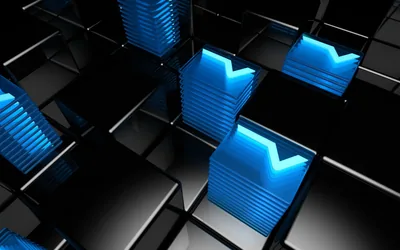 3D Abstract Blue Cube Glow on Dark Black CGI Wallpaper