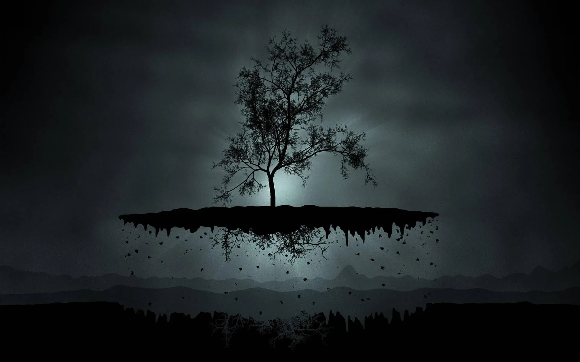 A bare tree stands on a torn slab of earth hanging in mist, debris falling away from its underside.