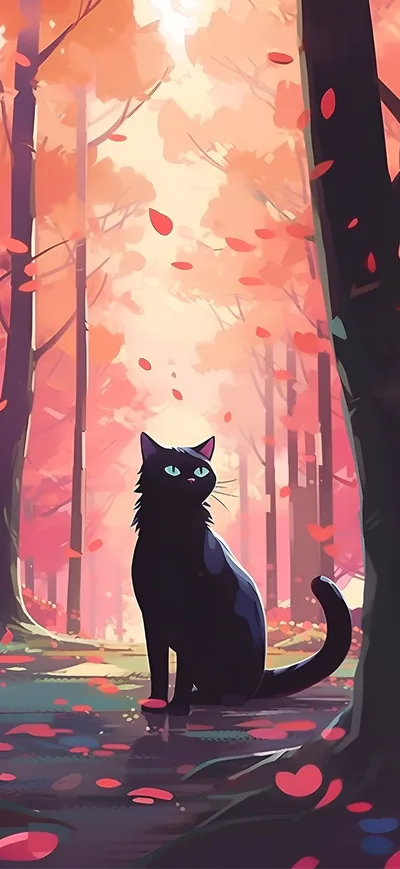 Black Sitting in a Forest with Pink Trees and Leaves Raining Down