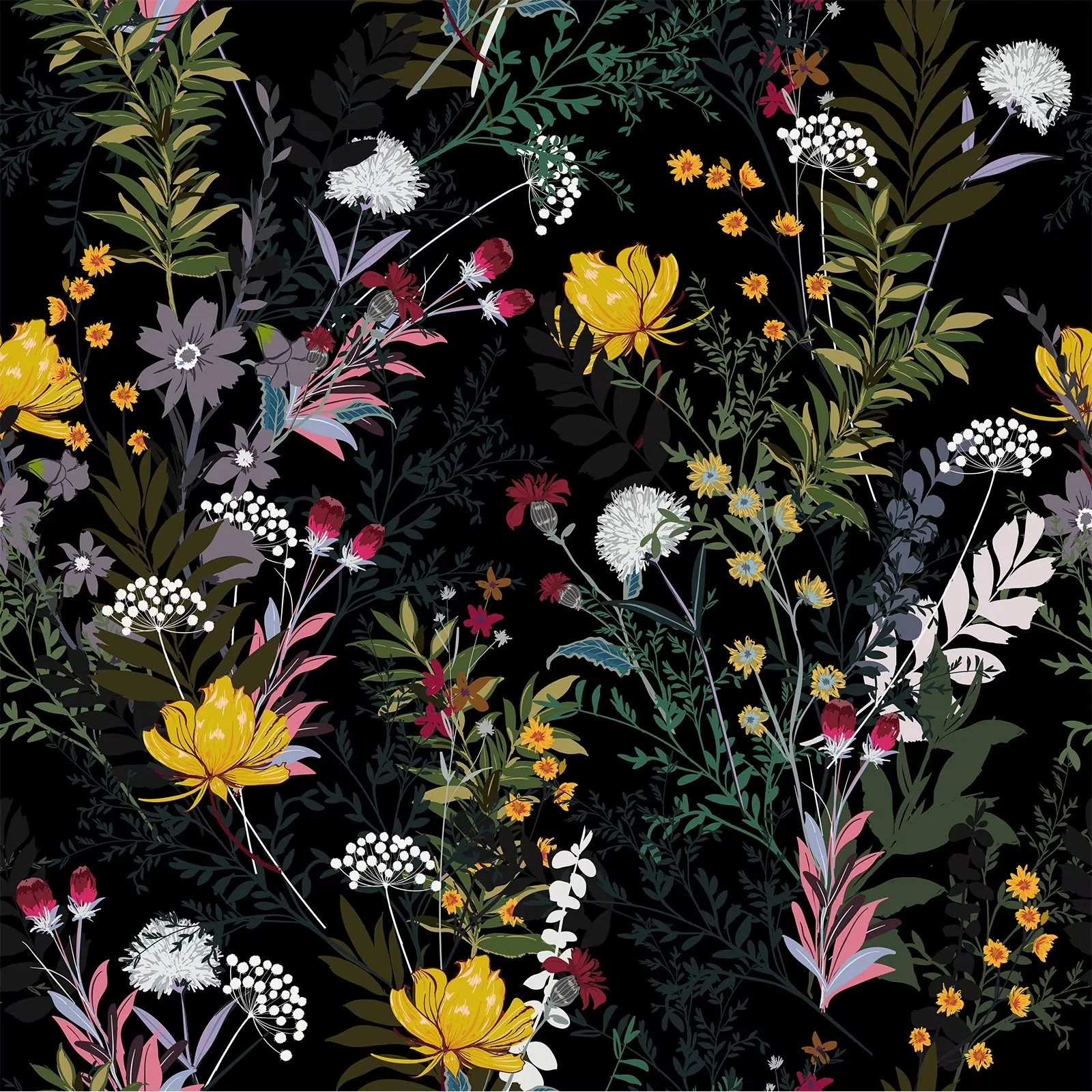 A dense repeating pattern of yellow, white and pink wildflowers over black, the stems crossing in every direction with no clear gap between them.