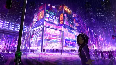 Hooded Girl in Purple Neon Rain HD Wallpaper
