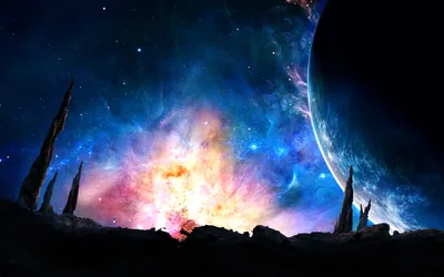 Nebula Burst over Alien Rocks HD Wallpaper