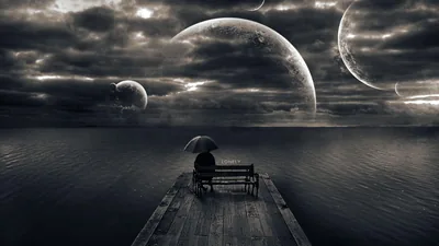 Bench and Umbrella Under Giant Planets HD Wallpaper