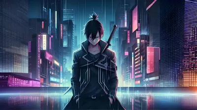 Swordsman in a Neon Cyberpunk City HD Wallpaper
