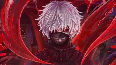 White-Haired Ghoul Grinning in Red HD Wallpaper