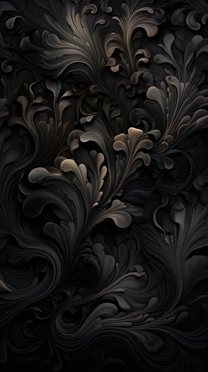 Thick acanthus scrolls curl out of the surface in 3D, catching a warm bronze light on their edges while the hollows behind stay pitch dark.