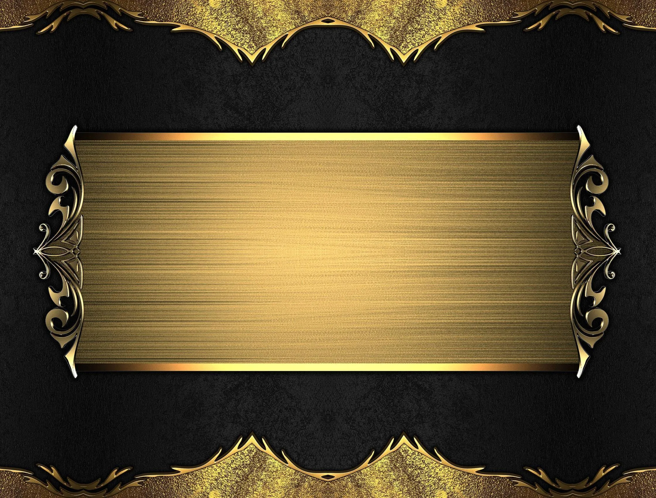A wide brushed-metal panel spans the middle with filigree brackets at either end, dark damask above and below, the panel itself empty enough for text or widgets.