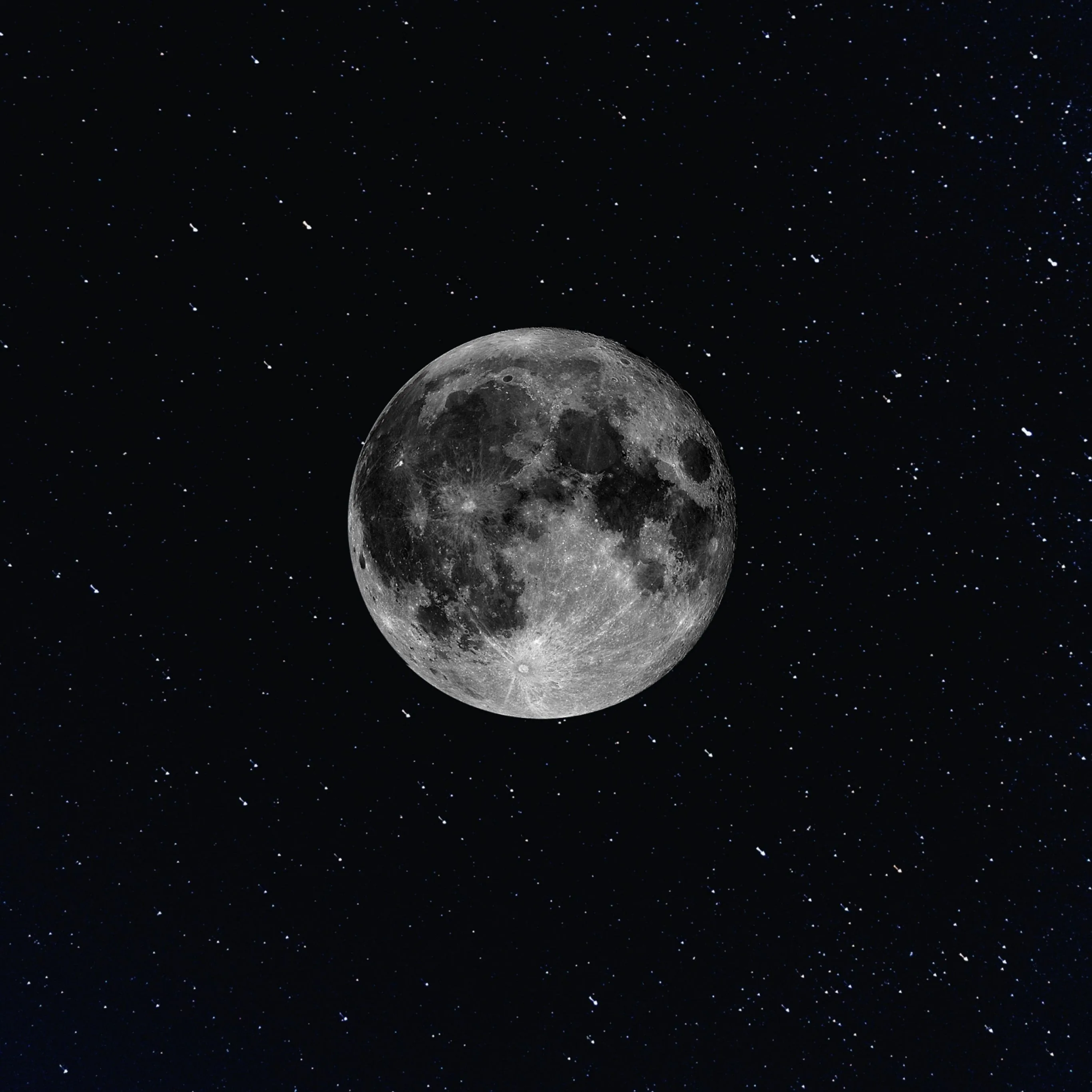 A grey full moon sits dead centre in a dense white star field, the square frame cropping evenly to desktop or phone ratios.