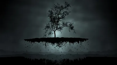 Tree on a Floating Island at Night HD Wallpaper