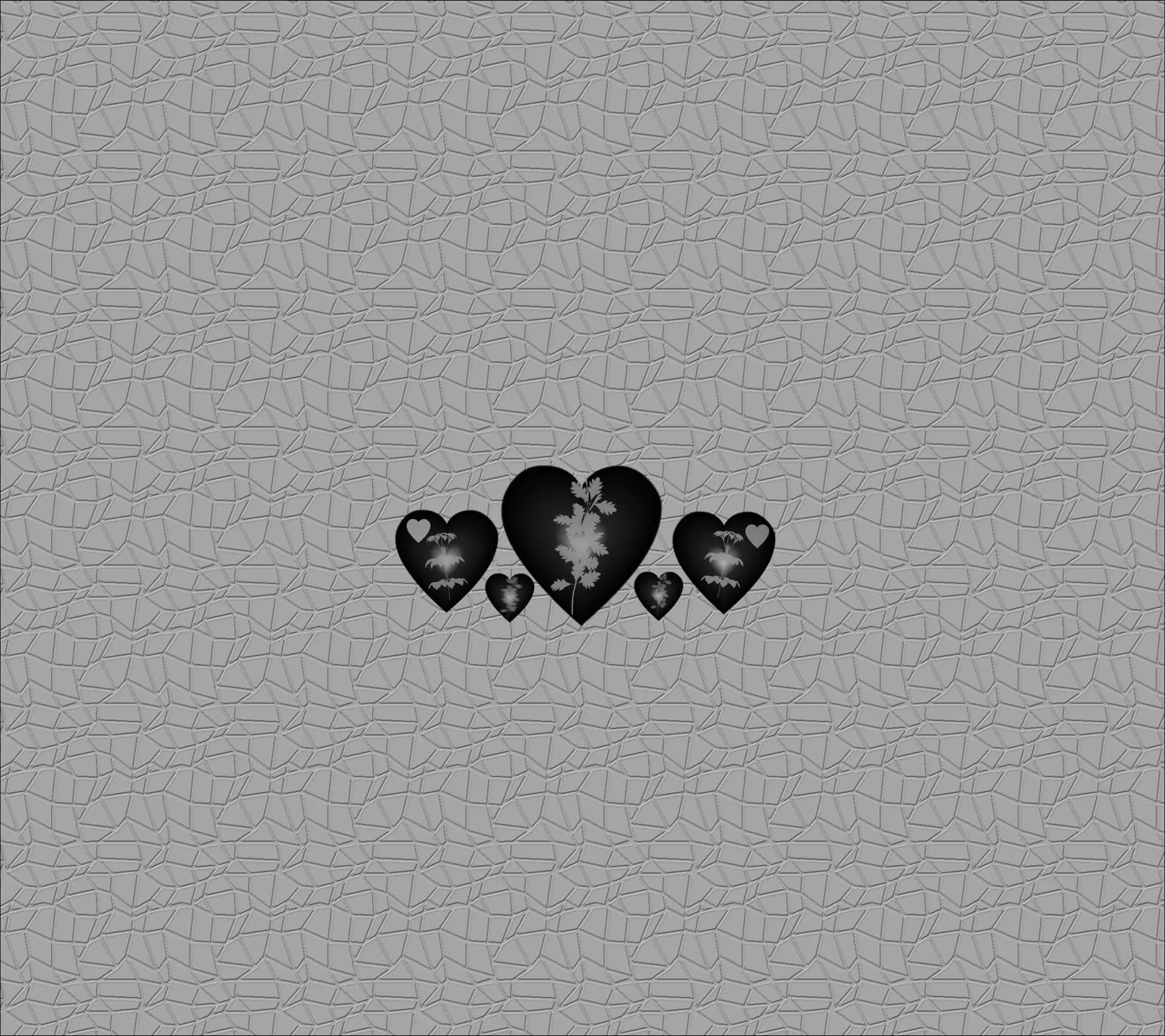 Five small black hearts holding faded roses sit at dead centre, the crackled gray texture around them left plain on every side.