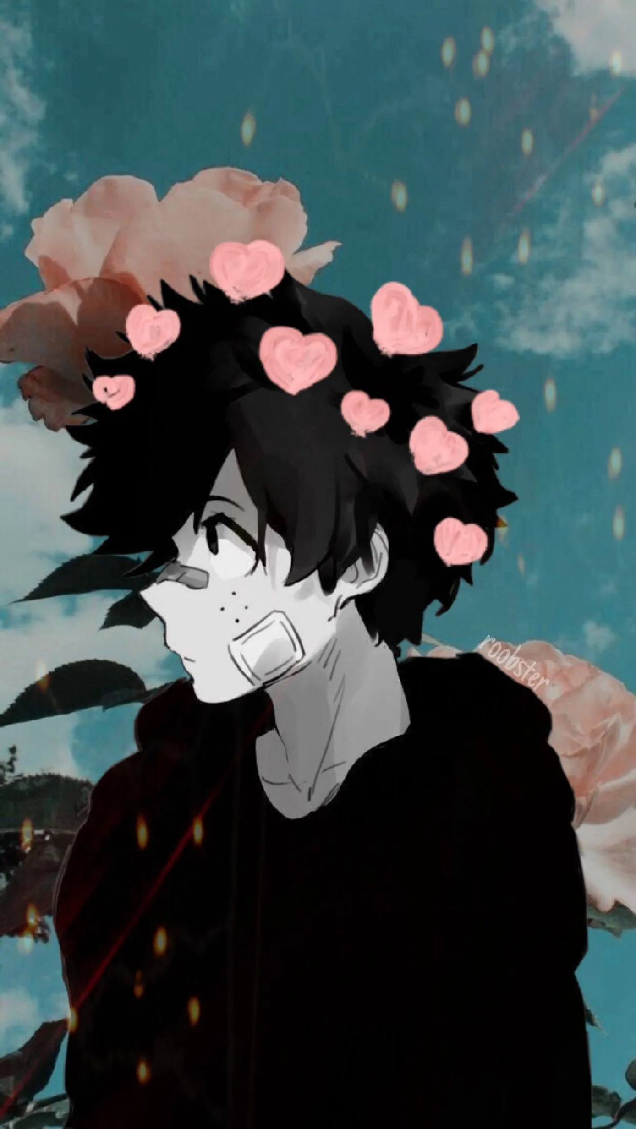 A black-haired anime boy with a plaster on his cheek looks left, pink hearts drifting over his head against clouds and pale roses.