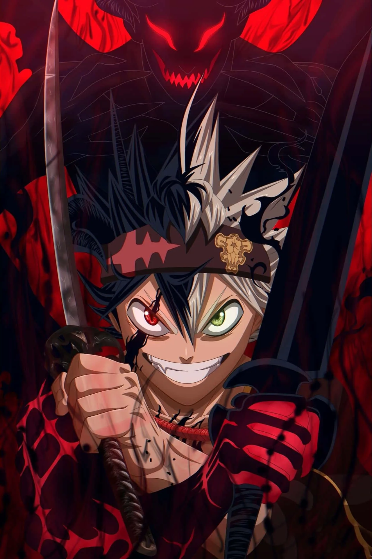 Asta grins between two crossed katana hilts while a huge devil face glares from the top of the tall red frame, blades hemming in both sides.