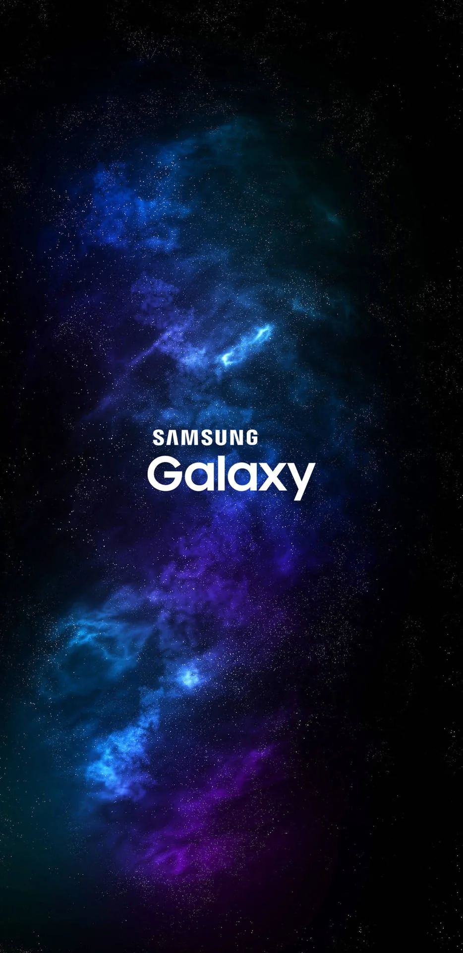 Teal and violet nebula wisps drift through a black starfield with the Samsung Galaxy wordmark at centre, the near-black ground easy on AMOLED battery.