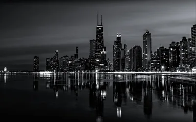 wallpaper buildings, lights, reflection, sea, black