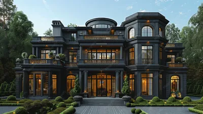 Grand Black Mansion with Ornate Details and Lush Gardens