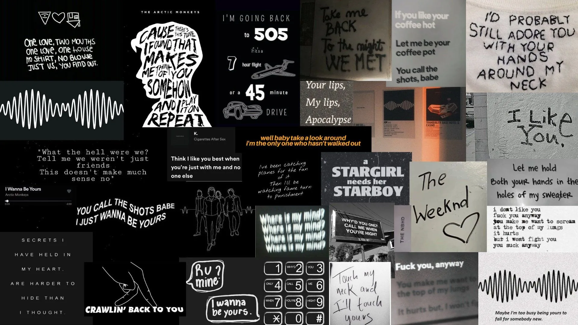 A dense wall of song lyrics, screenshots and handwritten notes in grey and black, with sound waveforms running along the top and bottom rows.
