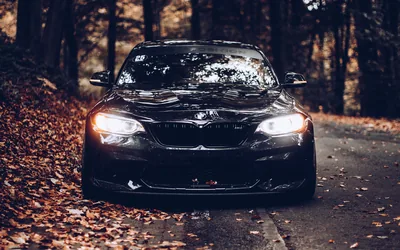 wallpaper bmw, car, black, front view, autumn 4k