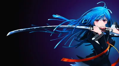 Blue-Haired Swordswoman Drawing a Katana HD Wallpaper