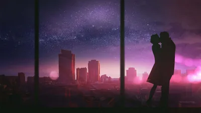 City Skyline Behind a Kissing Couple HD Wallpaper