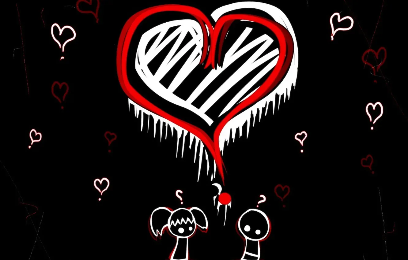 A scribbled red and white heart drips above two stick-figure children on black, one holding a small heart out to the other.