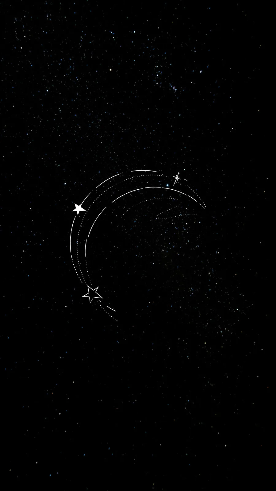 A double crescent drawn in thin white strokes floats mid-frame, four-point sparkles caught on its tips, the rest left as speckled deep space.