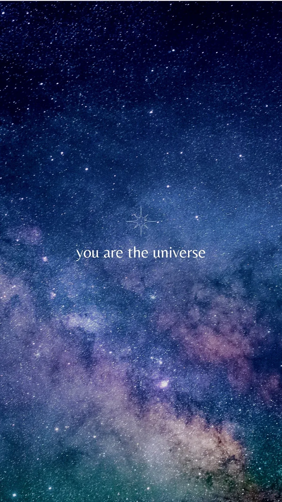 The words 'you are the universe' in thin white type over a soft blue Milky Way, plenty of dark space above for a lock-screen clock.