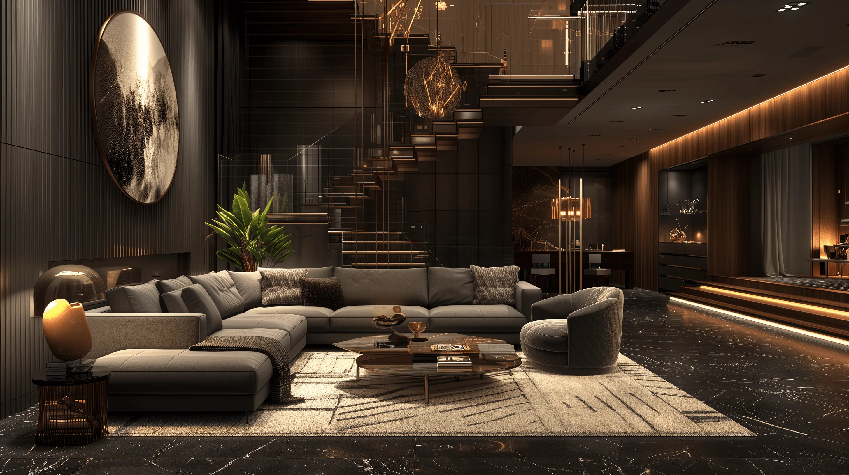A grey sectional faces a low table on polished black marble, warm strip lighting on wood walls and a staircase rising at the back.