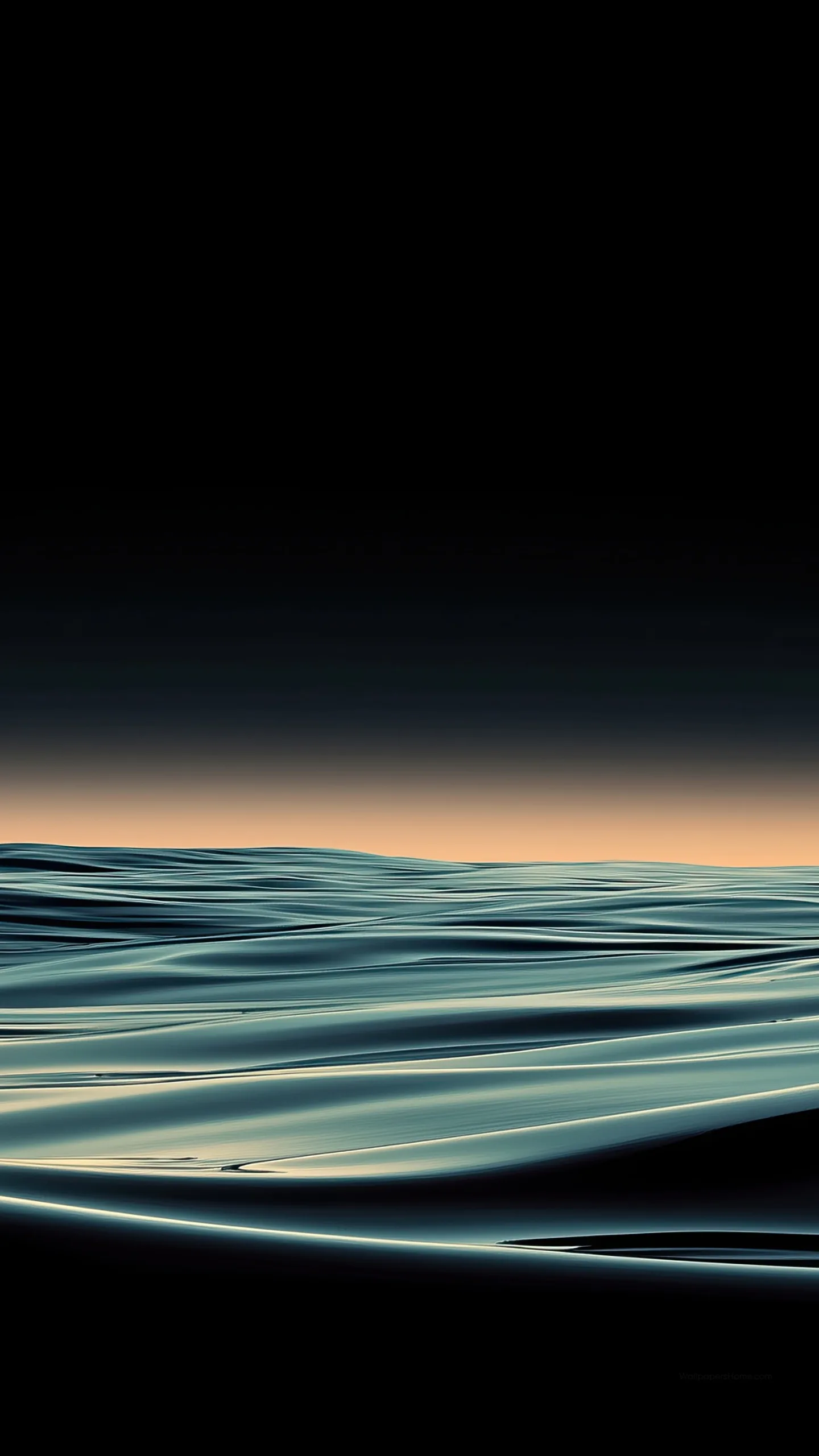 Long low swells catch the last teal light of dusk under a black sky — quiet, almost flat water.