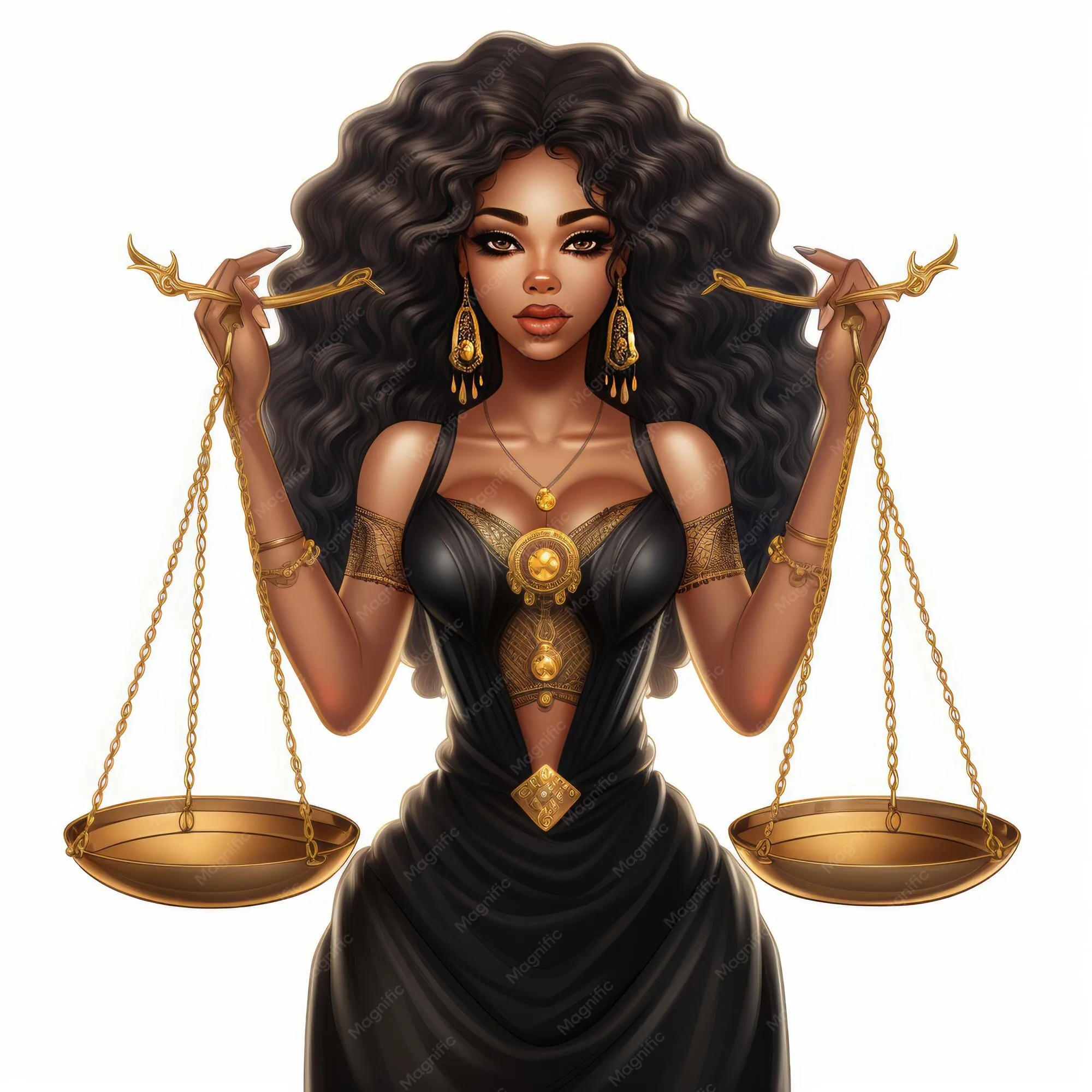 Voluminous dark curls frame a woman raising two chained scale pans to shoulder height, gold jewellery against a black dress on a clean white ground.