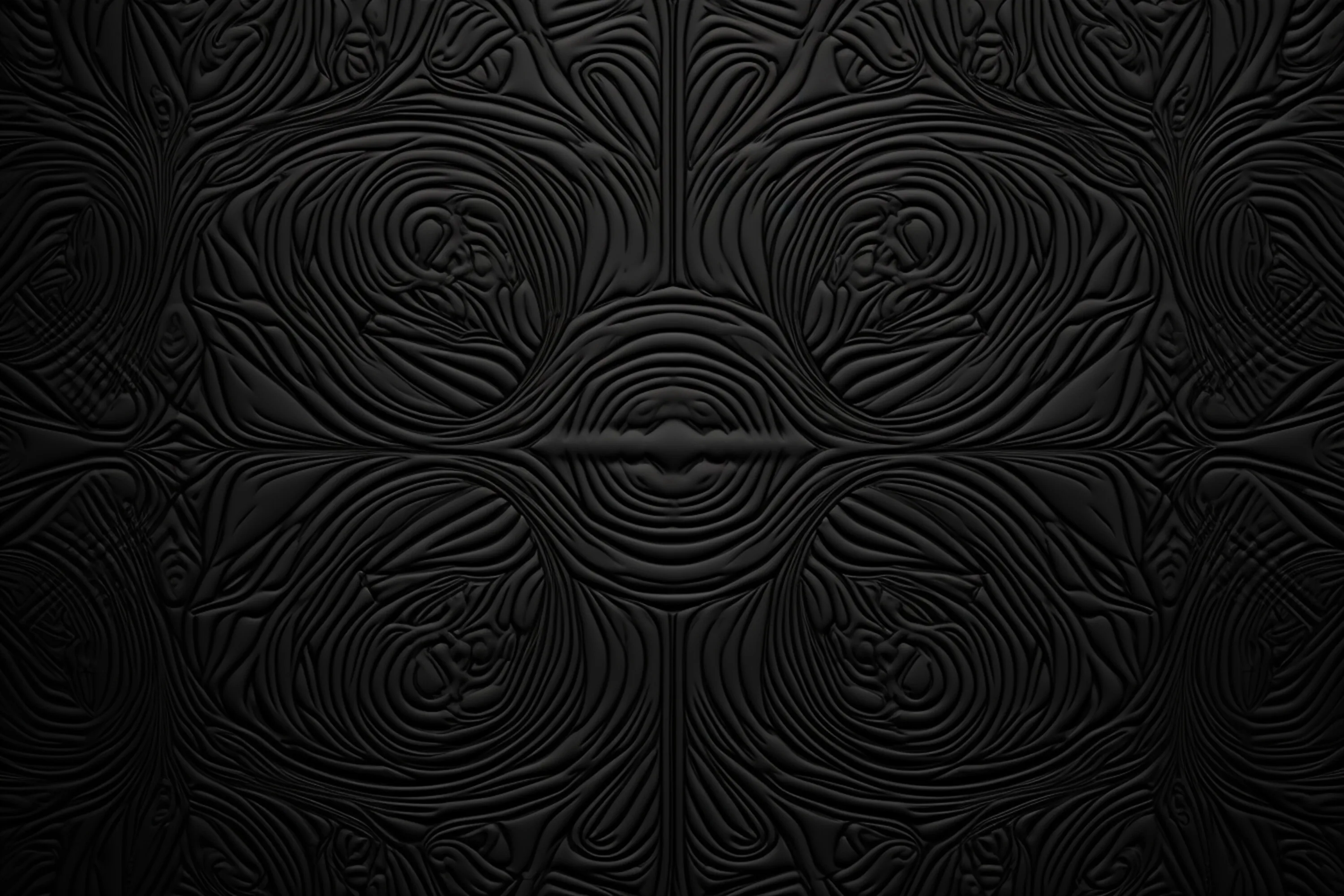 Concentric grooves form ornate medallions around a small central boss, matte black throughout, the relief readable only where light grazes the ridge tops.