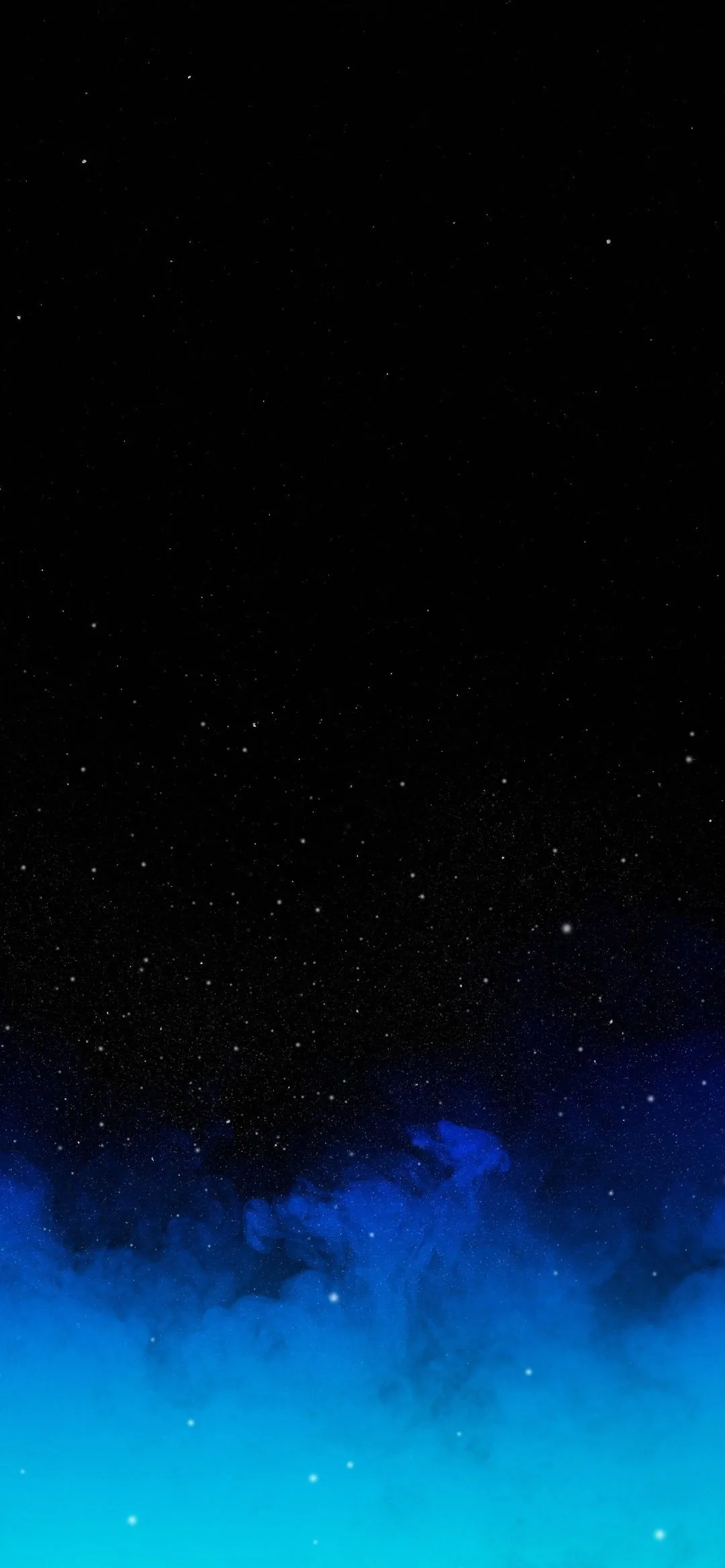 Faint stars fill the black upper two thirds while a bank of blue mist glows up from the bottom edge, keeping the clock area completely dark.