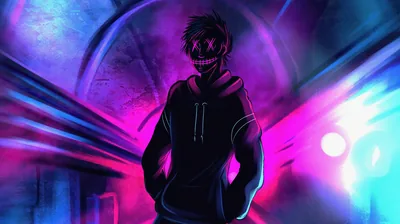Grinning Mask in a Neon Tunnel HD Wallpaper