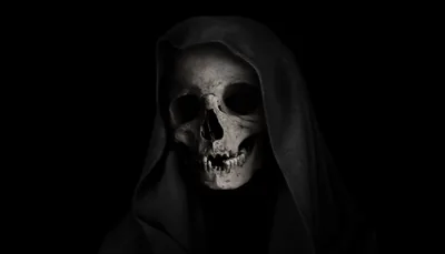 Grim Reaper Wallpaper 4K, Skull, Black background, Scary