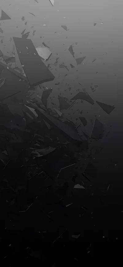 Fragments of glass hang mid-fall through grey haze, the largest pieces sitting in the upper half and the base going black.