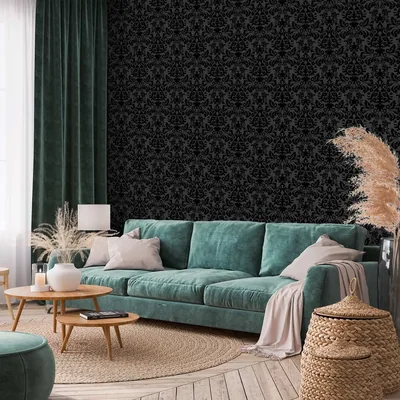 Modern Wallpaper Strong Pattern Shapes With a Floral Motif on a Black Background