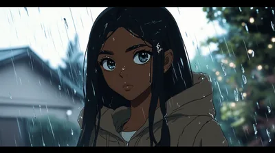 Serene Rain Black Anime Girl in 4K Ultra HD Wallpaper